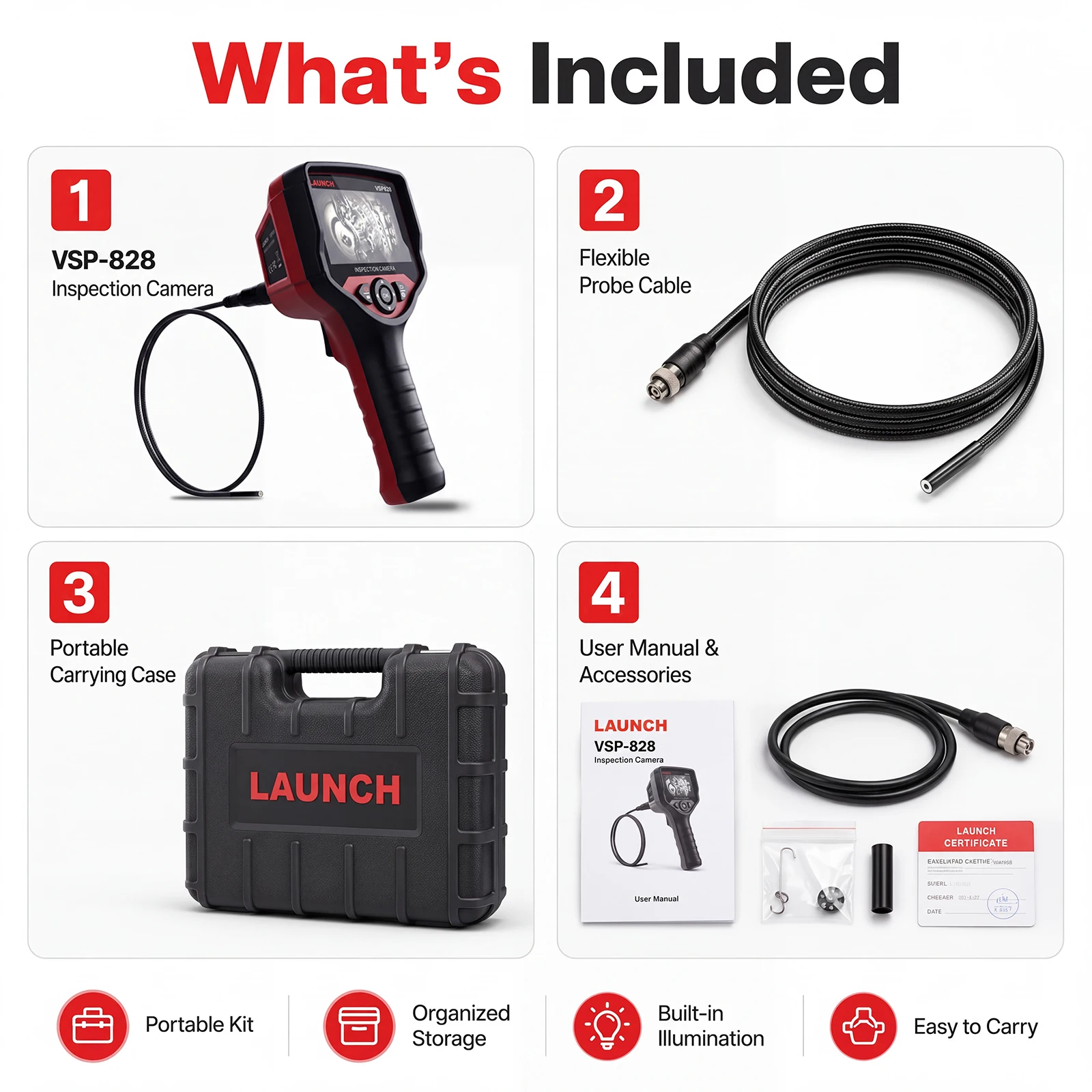 LAUNCH VSP828 Standard Version Industrial Endoscope Camera Inspection Tool Portable Borescope with 2600mAh Battery 4-Way Image