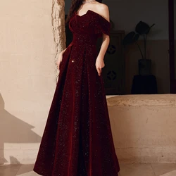 Customized Chic Slash Neck Velvet Long Wedding Party Dresses Luxury Shinny Slim Waist Long Evening Prom Vestidos High End Solid