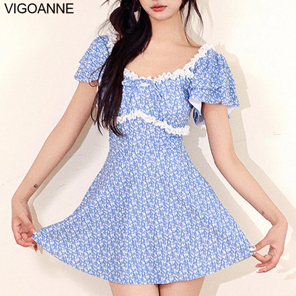 VigoAnne Print Short Sleeve Dress Swimwear Women 2024 Puah UP One Piece Swimsuit Korean Verge Monokini Summer Beach Bathing Suit