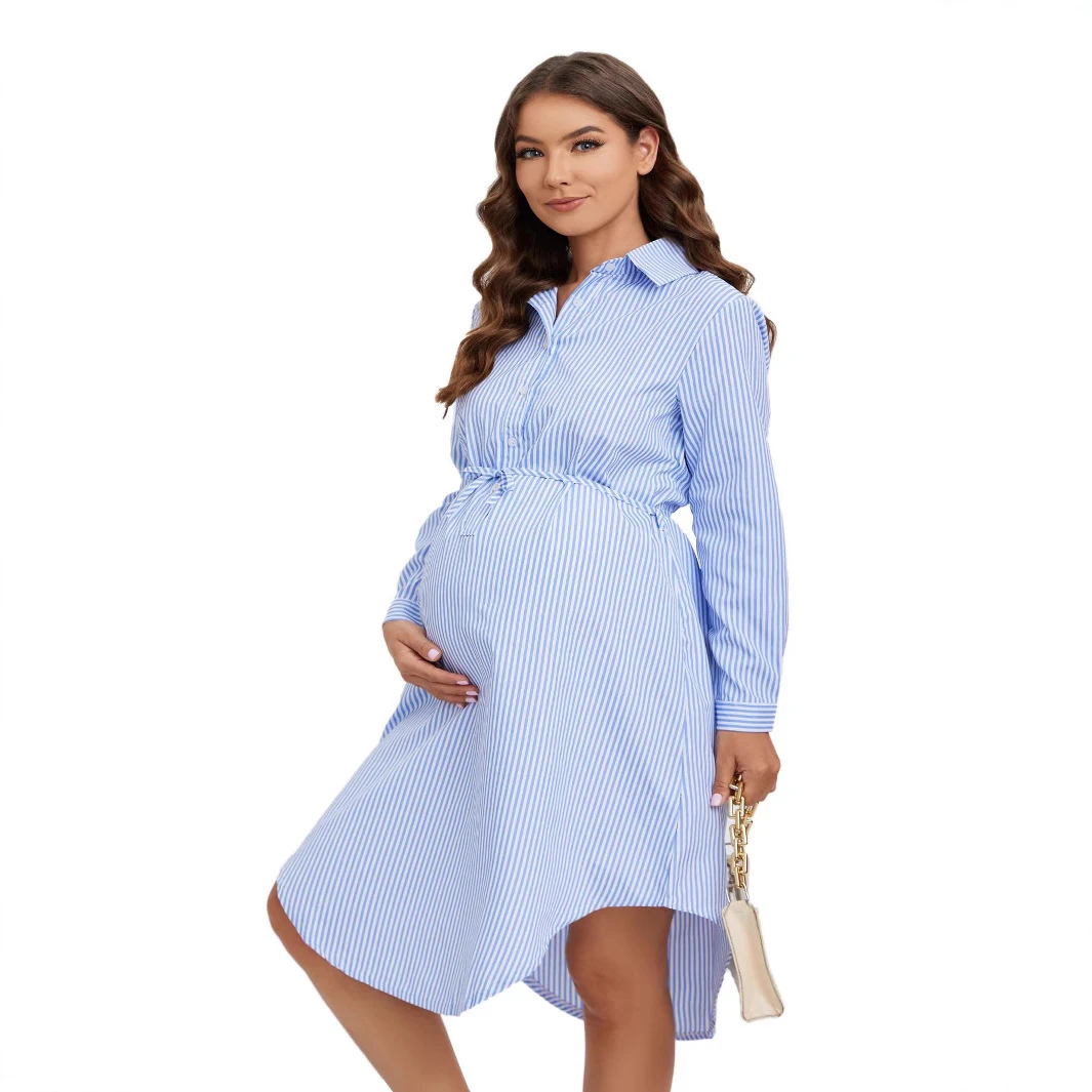 Dress for Pregnant Women Clothes Maternity Dresses Photoshoot Spring Autumn Long Sleeve Maternity Striped Shirtdress Clothing