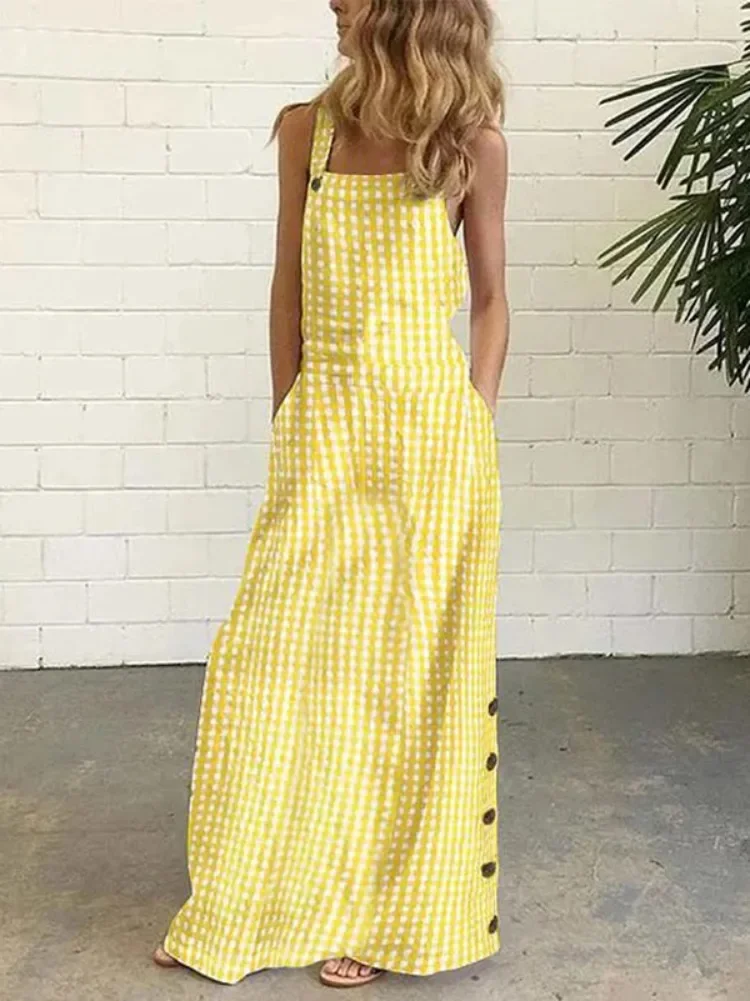 Uoozee 2024 New Female Stylish Selection Plaid A-line Dress Summer Sleeveless Loose Buttoned Spaghetti-Neck Casual Maxi Dresses