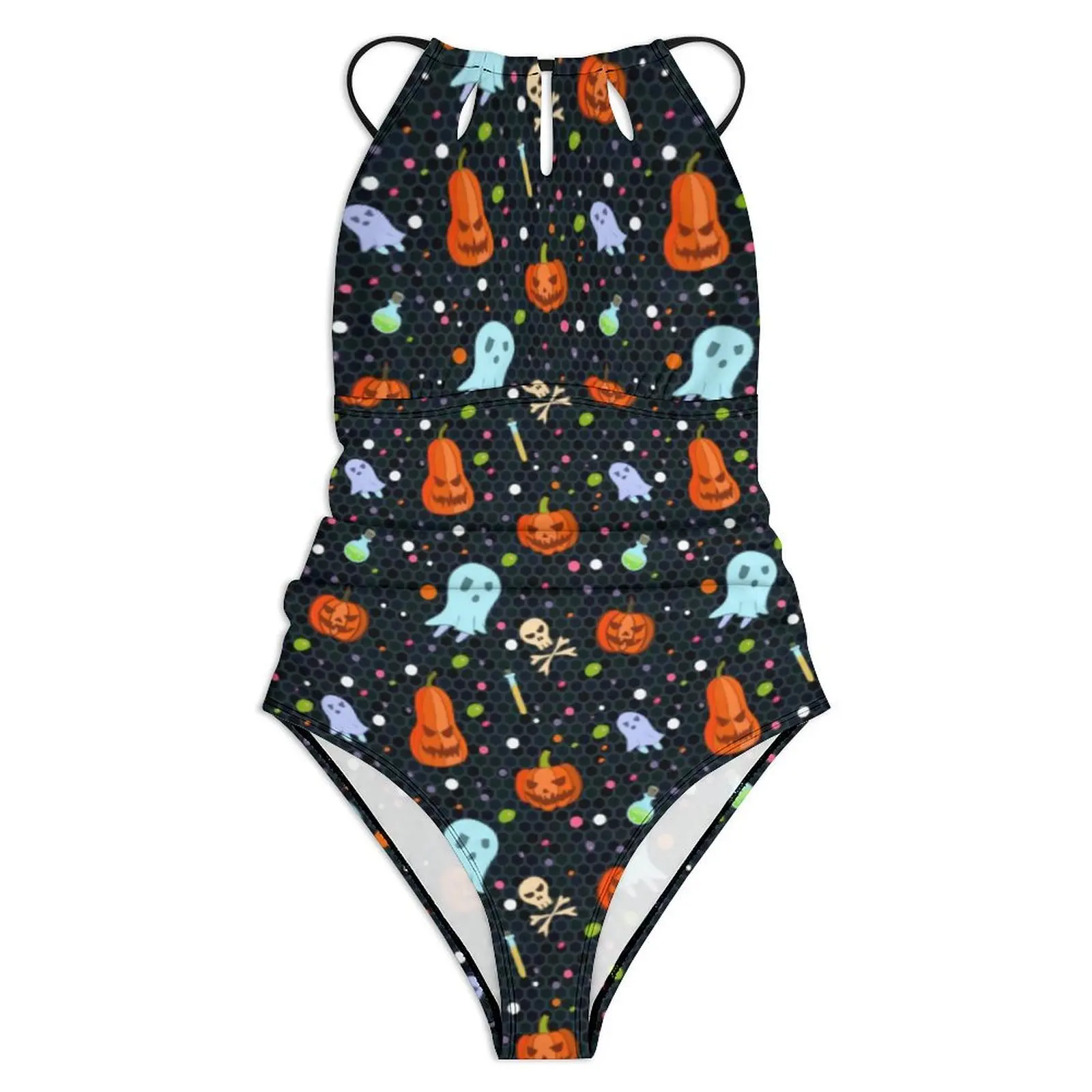 Spooky Halloween Swimsuit Ghosts And Pumpkins Push Up Swimwear One Piece Fitness Monokini Swimsuits Sexy Beach Outfits Plus Size