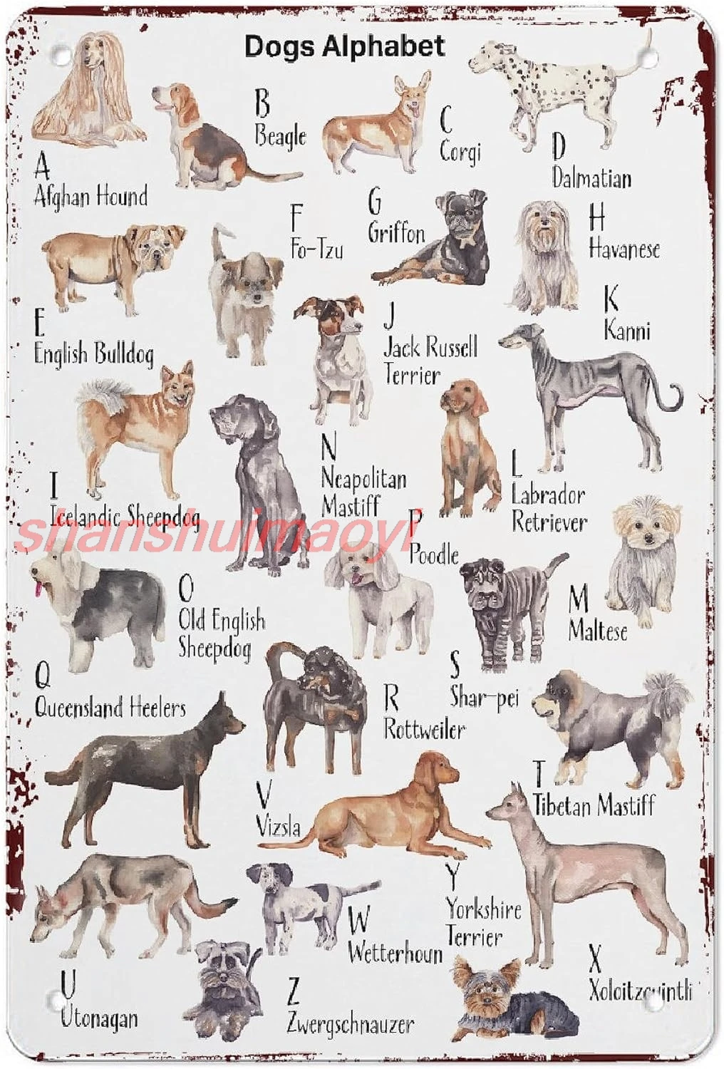 shan o Dog Alphabet Metal Poster Sign Decor For Kids Children Boys Girls Vintage Decorations Aluminum 12x8 Inch Posters f 1pc