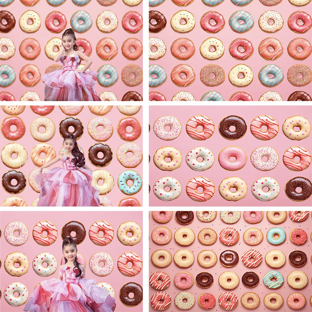 Fundo de retrato de aniversário infantil, Photography Backdrop, Pink Donuts, Sweet and Cute, Photo Studio, Dia dos Namorados