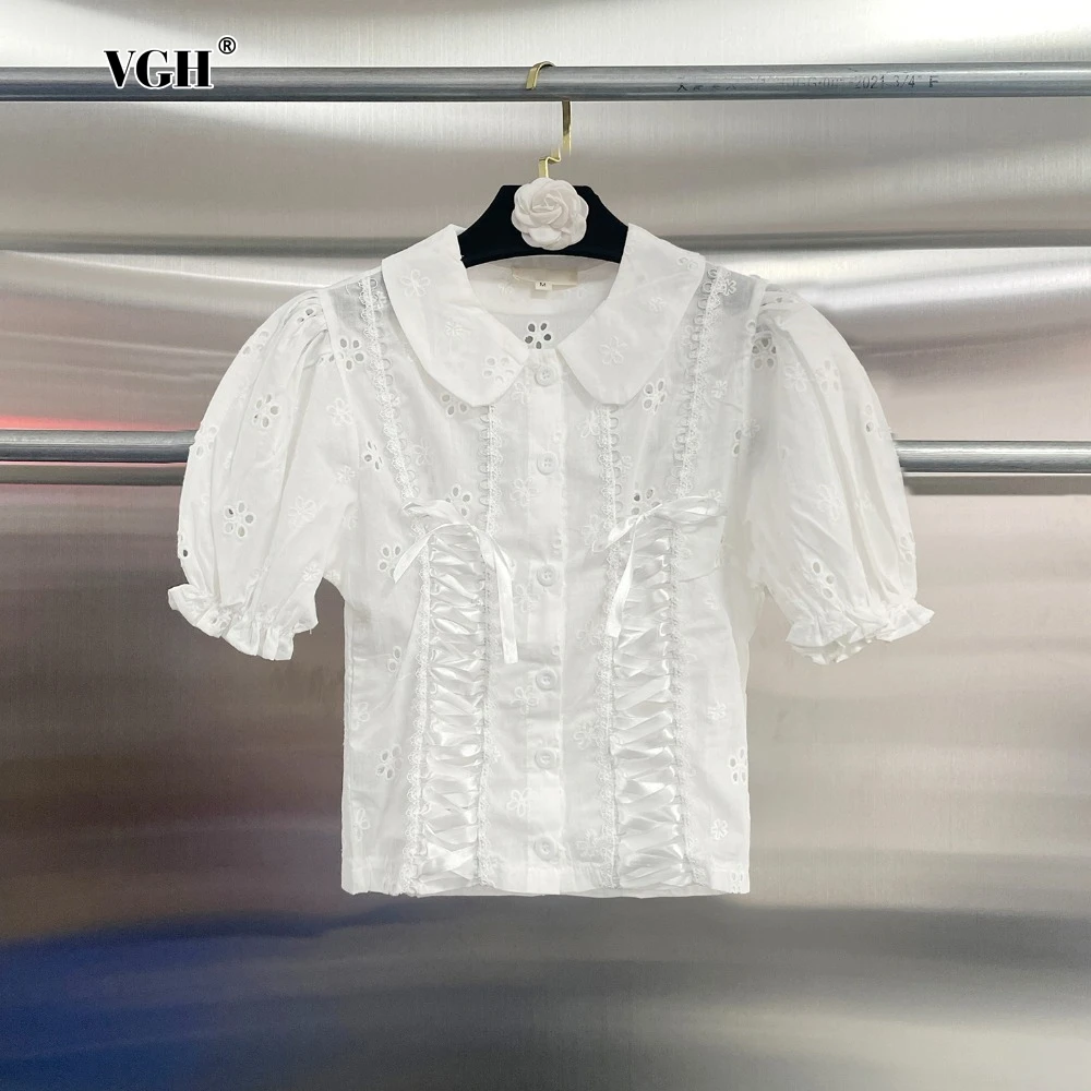 

VGH Sweet Spliced Hollow Blouses for Women Peter Pan Collar Lantern Sleeve Patchwork Bandage Temperament Shirt Female Summer New