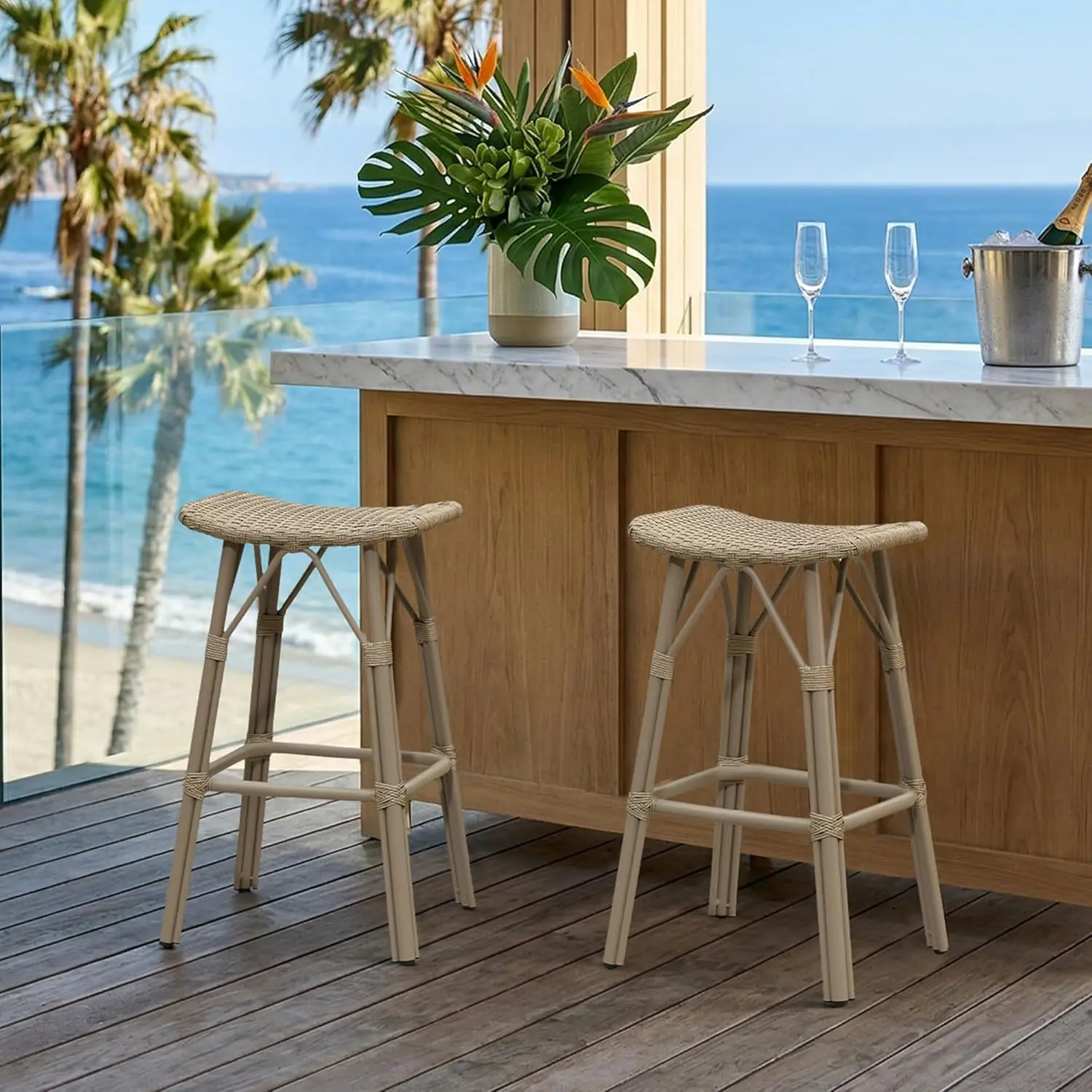 

26" Backless Rattan Counter Stools 2 Pack Saddle Seat Footrest Aluminum Patio Kitchen Island, Customized