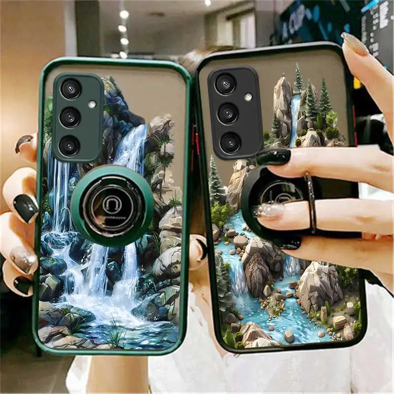 S23FE custodia per telefono ad anello con sensazione di pelle a cascata di montagna per Samsung Galaxy S24 S23 S22 S21 S20 S10 S10E S9 S8 FE Ultra Lite Plus Cover