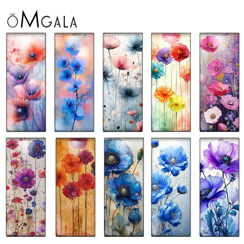 

10pcs Assorted 10x25mm Rectangle Glass Cabochons Watercolor Flower Paintings - Ideal for DIY Jewelry Making & Crafts