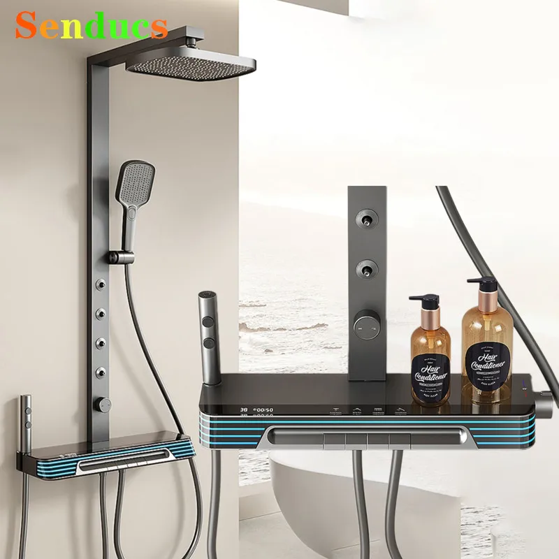 

Waterfall Digital Piano Bathroom Shower System Luxury Spa Waist Spray Bathroom Shower Set Solid Brass Digital Bath Shower Set