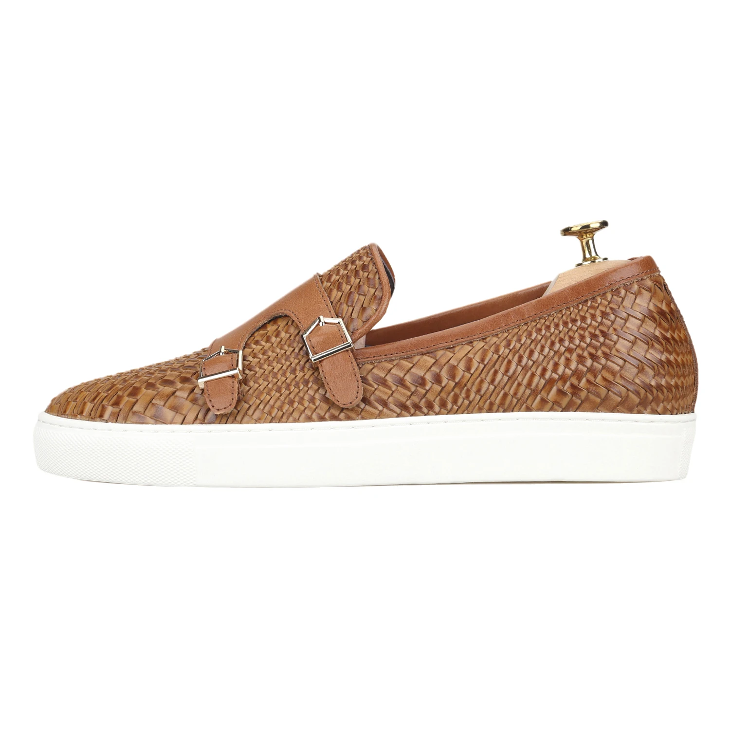 Piergitar Hand-Woven Calfskin Leather Monk Strap Men's Sneakers With Gold Buckles Classic Design Slip On Shoes Thick Rubber Sole
