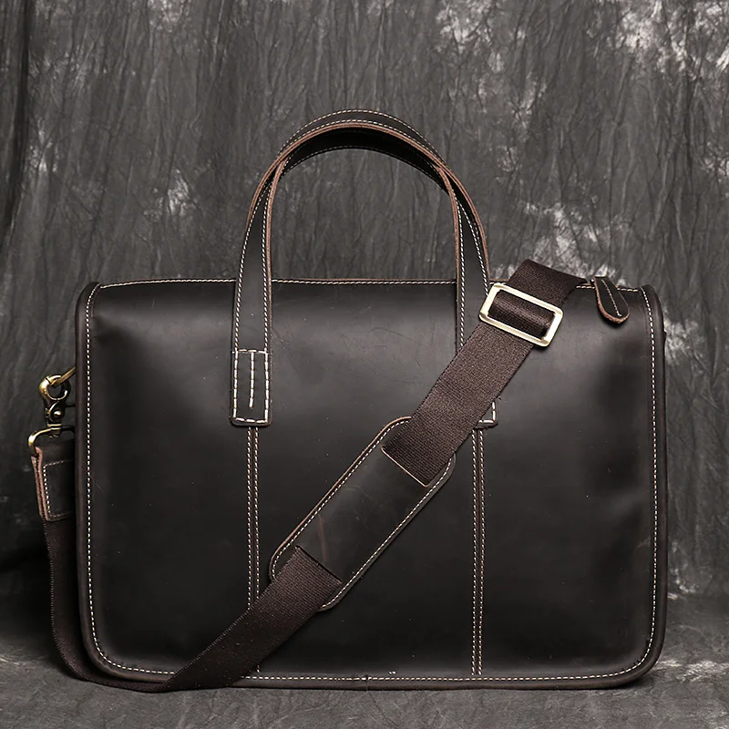 Men\'s Genuine Leather Briefcase Messenger Bag 14 Inch Laptop Bag Male Dark Brown Office Business Bag Executive Briefcase