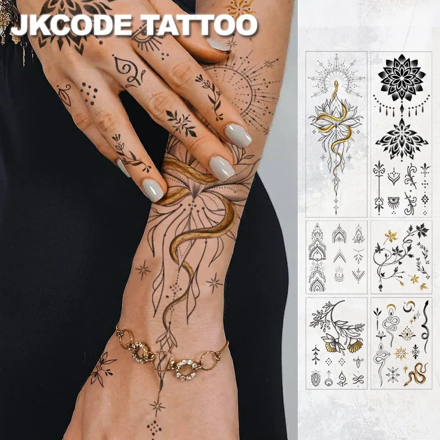 6-piece set of Middle Eastern Ramadan style temporary tattoos with lotus and snake, plant-themed designs |   Hand-drawn design |   Women's waterproof body stickers, suitable for fingers, arms, shoulders, neck, and spine areas |   Trendy minimalist line graffiti style, suitable for use on shoulders, ankles, and other areas |   Women's Waterproof Body Art Stickers