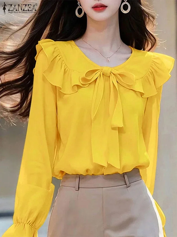 ZANZEA Long Sleeve Peter Pan Collar Blouses Korean Style Women Elegant Tie Up Blusas Mujer Long Sleeve Solid Sweet Smock Tops