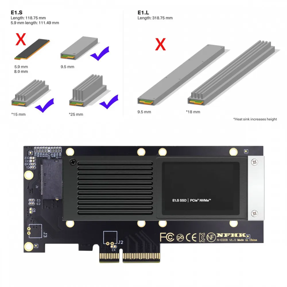 PCI-E 4.0 4X Host Adapter to NVMe Ruler 1U GEN-Z EDSFF Short SSD E1.S with Heat Sink Carrier Adapter