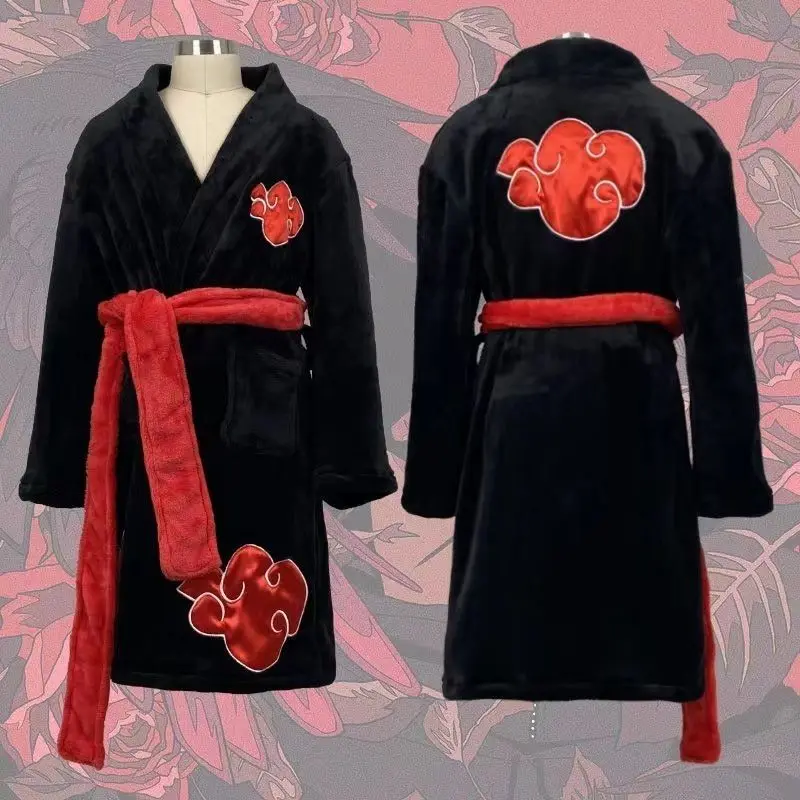 New Naruto Uzumaki Naruto Velvet Nightgown High Color Value Anime Cartoon Red Cloud Print Couple Casual All-match Home Bathrobe