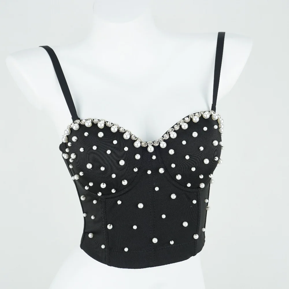 

Luxury Bubble Beads Encrusted Diamonds Fishbone Bust Bustier Backless Tops Female Deep V Sexy Corset Outer Wear Short Models
