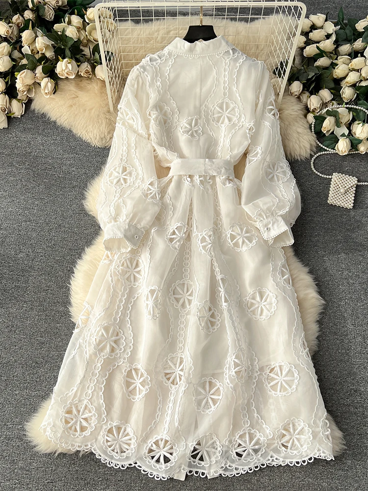 Women's White A-line Dress Vintage Long Sleeve Hollow Out Long Luxury Dresses Y2k Party Club One Piece Frocks 2000s Clothes 2024