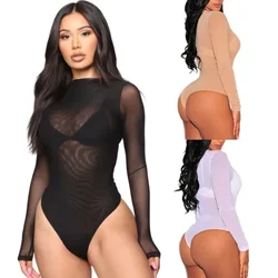 Elastic Female Bodysuit Tops Sexy Lingerie Sheer Mesh See Through Fishnet Open Crotch One-pieces Bodysuits for Women Plus Size