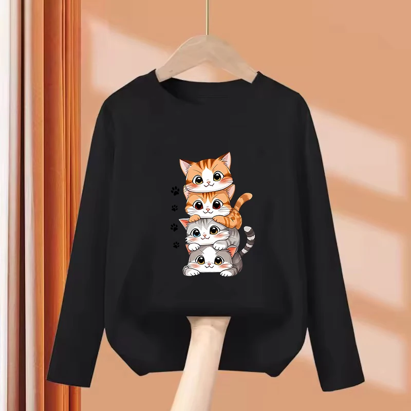 Long Sleeve 2026 Cat Kids Tshirts Summer Tees Cartoon Animal Boys Girls Clothes Kawaii Kitten Tops Y2K Children T-shirt