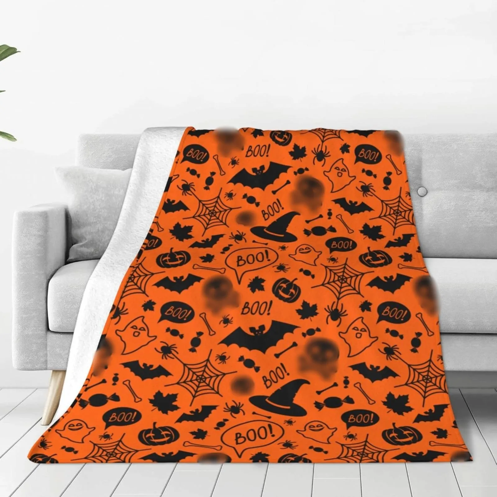 Halloween Large Throw Blanket Black Bats Pumpkins Print Decoration Blanket Lightweight Soft Fuzzy Bed Blanket Halloween Gift