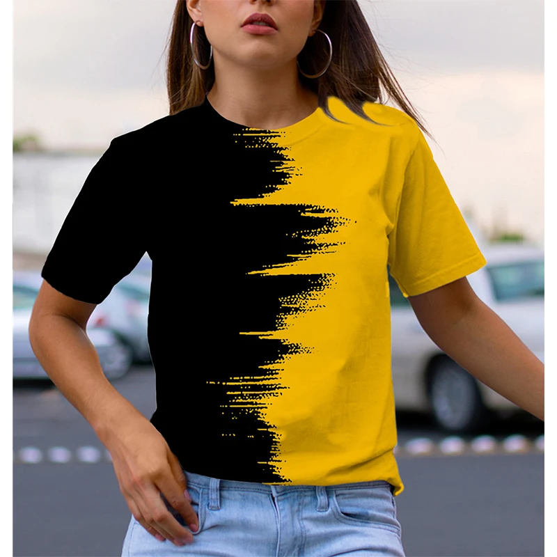 Woman T-shirt Blue Yellow Color Contrast Printed Tees Women Streetwear Short Sleeve Y2k Top Harajuku Ladies Oversized T Shirts