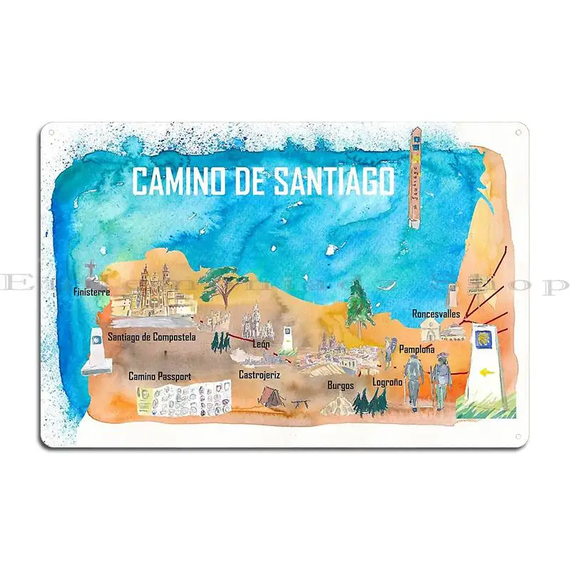 Camino Santiago St Jacques James Travel Poster Favorite Map Pilgrimage Highlights Metal Sign Create Designing Tin Sign Poster