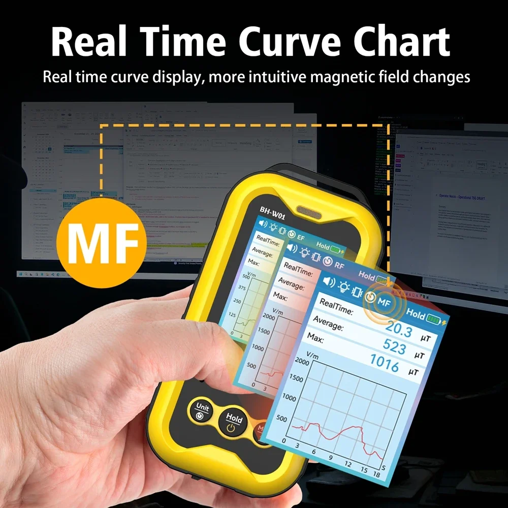 3in1 EMF متر المجال الكهربائي المجال المغناطيسي RF كاشف إشعاع في الوقت الحقيقي منحنى الرسم البياني اختبار الإشعاع الكهرومغناطيسي إنذار #5