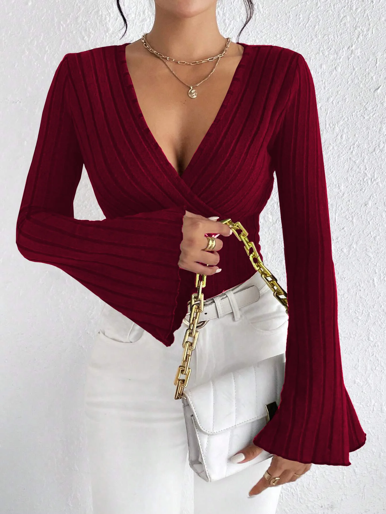 2026 New Women V Neck Bell Sleeve Wine Red T Shirt Autumn Winter Slim Fit Casual Basic Tee Top
