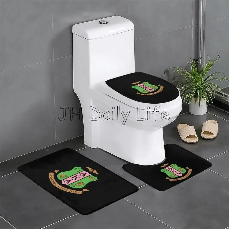 AKA Sorority Bathroom Mat Set of 3pcs 1908 Pink Green Inspired Positive Non Slip Contour Rug and Toilet Lid Cover Rubber Backing