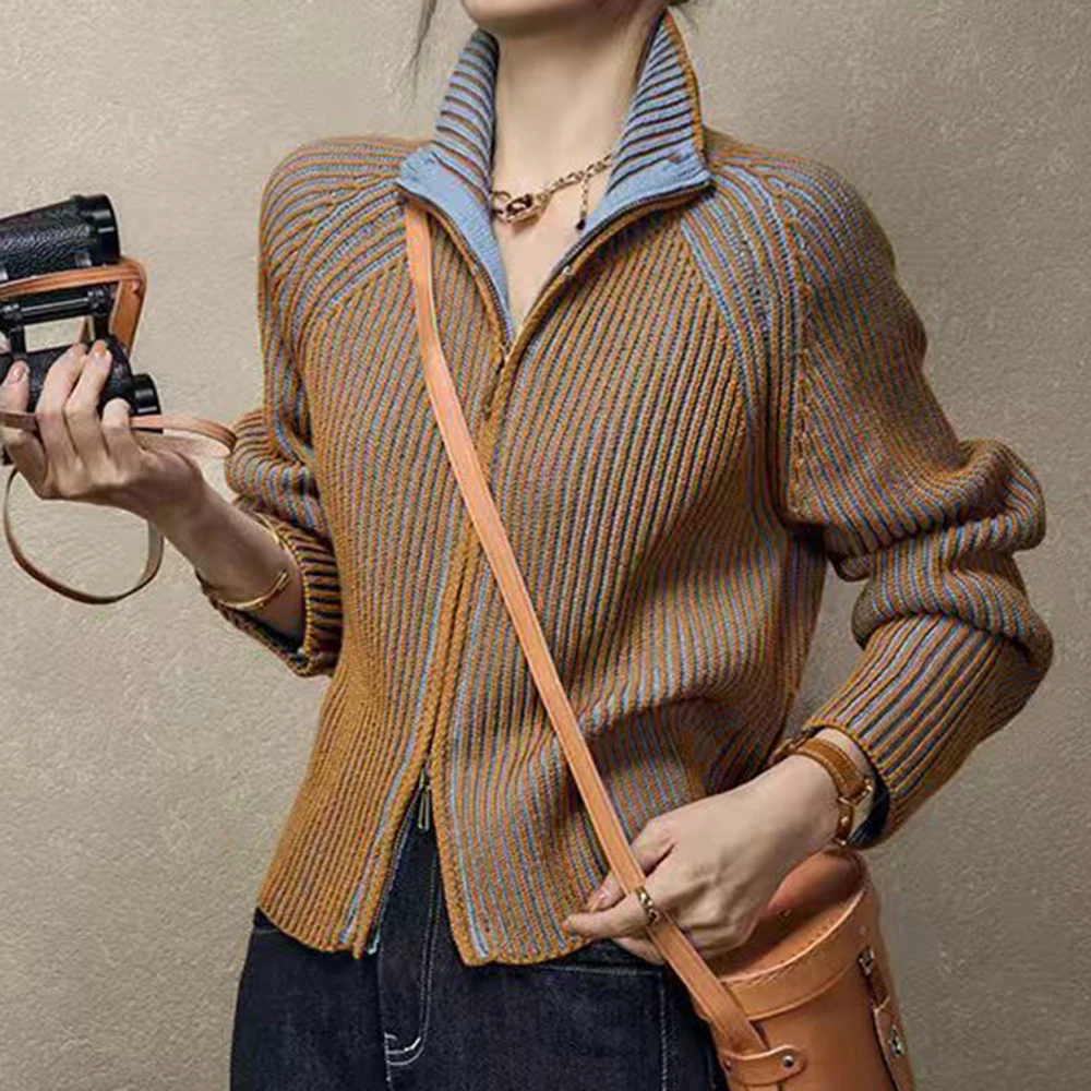 

Double-ended zipper lapel cardigan chestnut sweater spring and autumn coat 2025 loose thin new women's knitted sweater