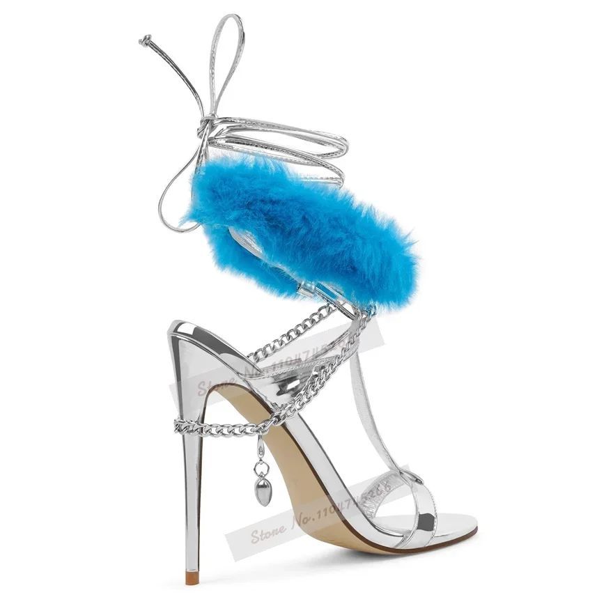 Sky Blue Soft Fur Embellished High Heel Sandals Silver Chain Lace-Up Dress Pumps T-Strap Elegant Stiletto Heels Plush Shoes