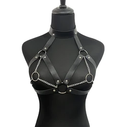 Sexy Bra Bondage Harness for Women, Leather Lingerie with Chain, Chest Harness Belt, Gothic Clothing, Festival Rave Outfit