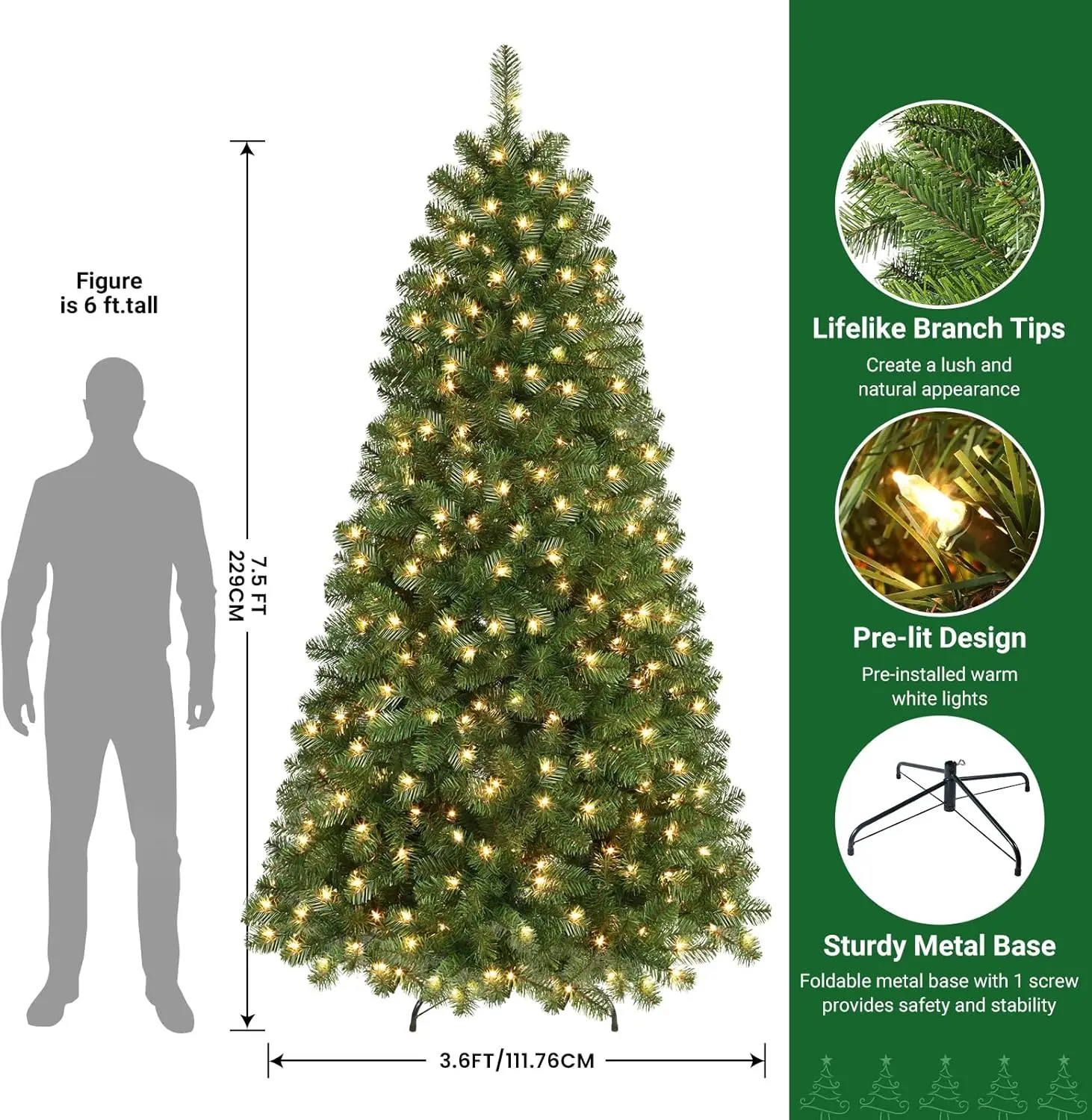 Christmas Tree 7.5ft Prelit Premium Artificial Hinged with Pre-lit 350 Warm White Lights, 998 Branch Tips and Foldable Stand