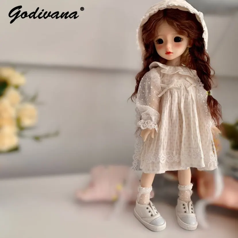 BJD Doll Outfit Lace Polka Dot Long Sleeve Ruffle Dress with Ruffled Bonnet Hat Sweet Vintage Doll Clothes for 1/6 BJD Doll