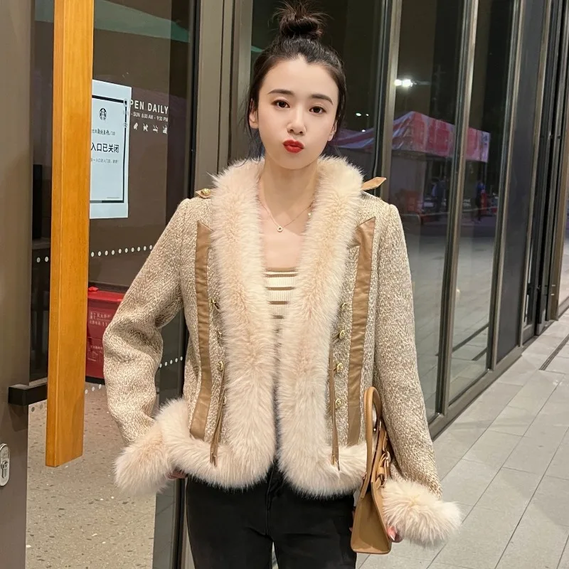 2023 Winter New Women imitation Fox Fur Coat Fashion V-neck Patchwork Short Outwear female temperament casual warm outcoat