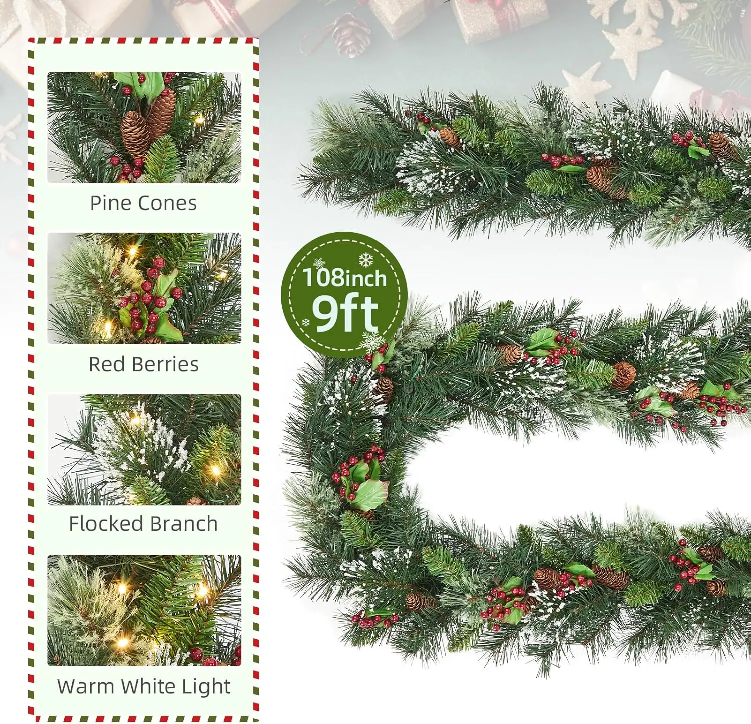 9FT قبل مضاءة عيد الميلاد إكليل مع أضواء الاصطناعي فرع عيد الميلاد الكرمة الدافئة الأبيض LED توافدوا الخضرة جارلاند عطلة ديكور