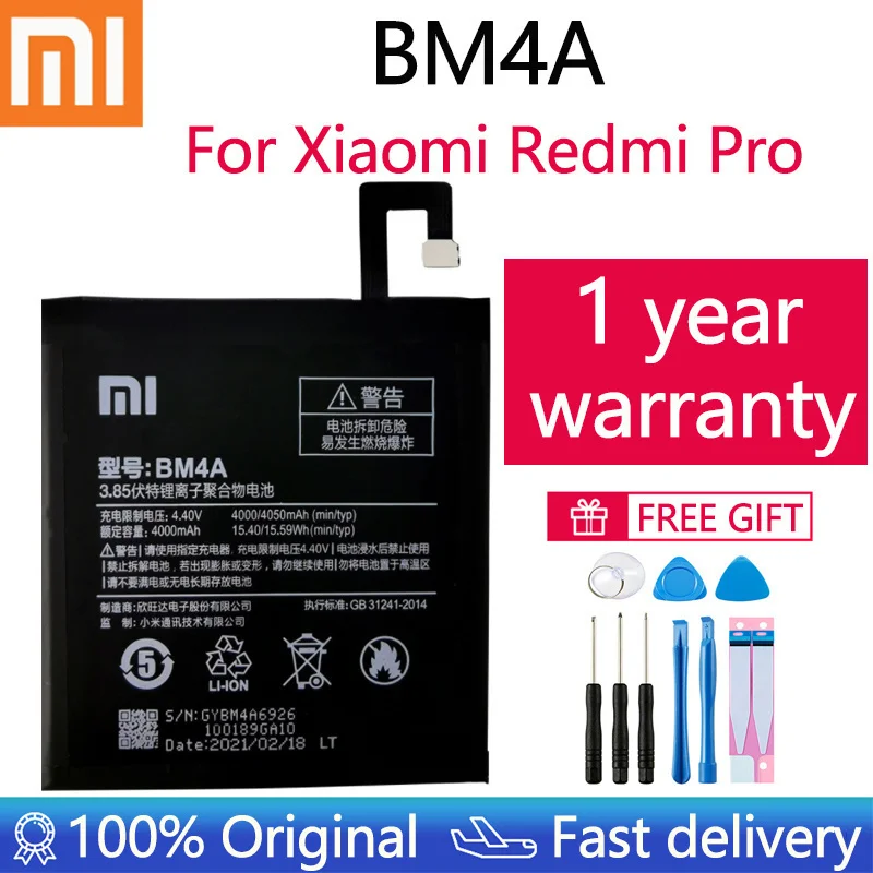 

Xiao Mi 100% Original Phone Battery 4050mAh BM4A Phone Batteries For Xiaomi Hongmi Redmi Pro RedmiPro Phone Replacement Batteria