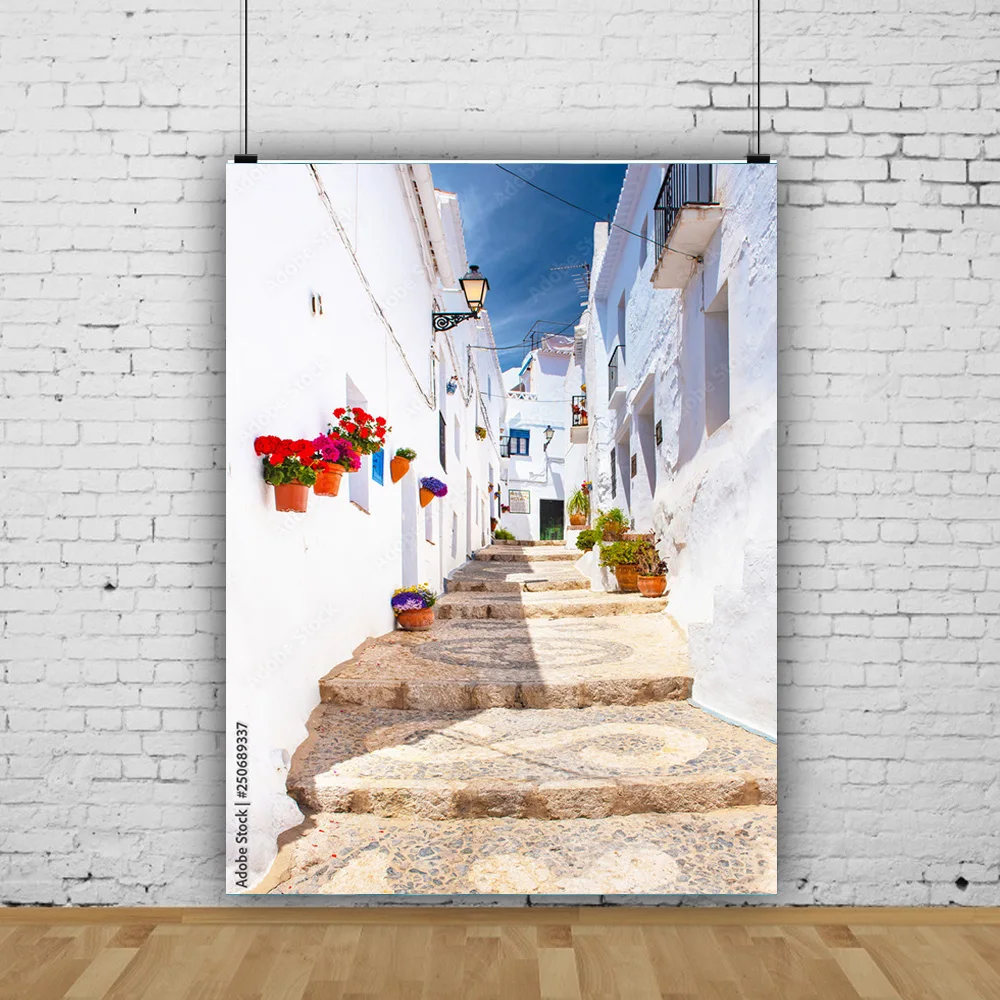 Paisaje de Isla de mar de flores y plantas verdes, casa antigua, pigmento blanco, Fondo de fotografía de boda, utilería LJD-04