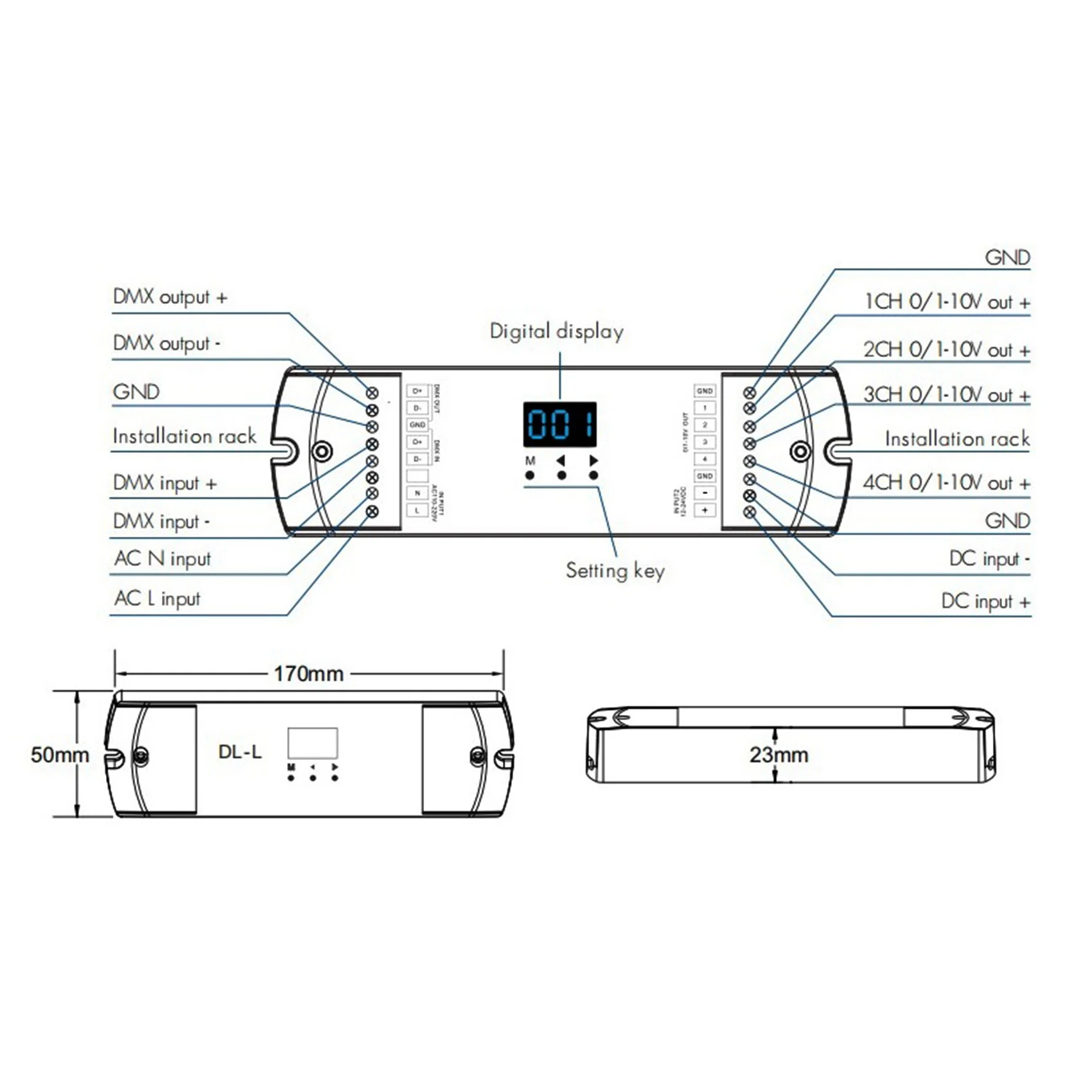 4 Channel DMX512 to 1-10V / 0-10V Converter, DC 12V-24V Input, 4CH DMX RDM Numeric Display Signal Transformer DL-L