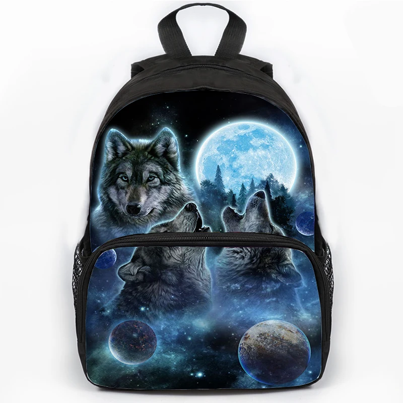 Tre lupi e zaino a luna piena per ragazze adolescenti ragazzi studente Bookbag Howling Wolf 3d Print School Bags uomo zaini grandi