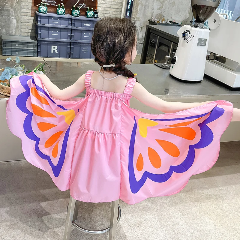 2024 new fashion butterfly skirt with shoulder-straps girls summer skin-friendly breathable fabric with shoulder-straps for girl