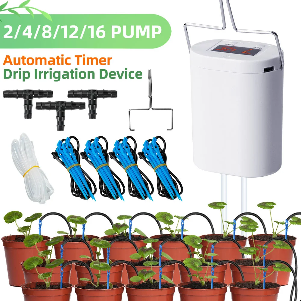 Automatic Plant Flower Watering Home Sprinkler Drip Irrigation Device 16 Heads Pump Timer System Kit Garden Tool