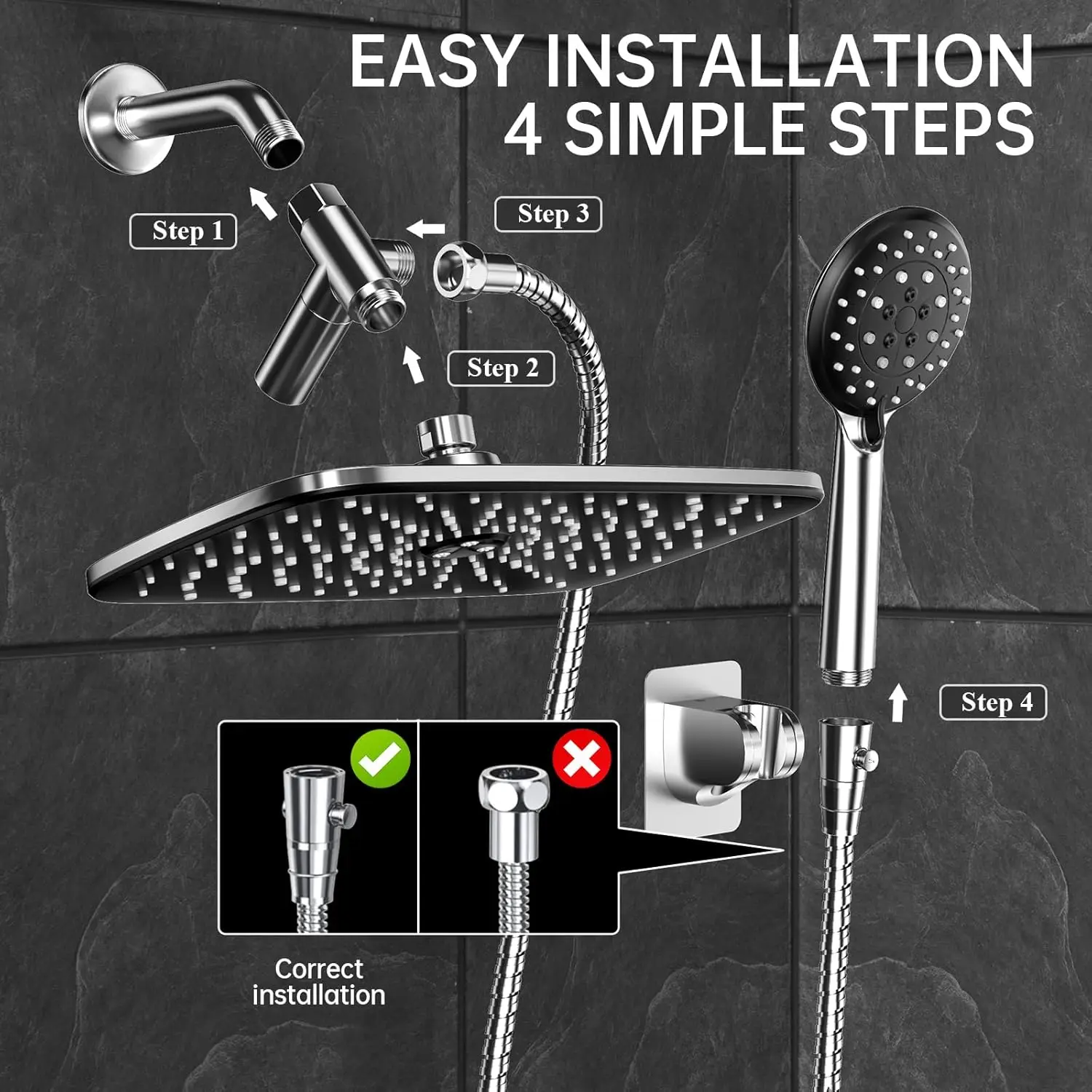 11.8 Inch High Pressure Dual Shower Head with Handheld, 5 Modes Rainfall Spray Combo for Full Body Coverage