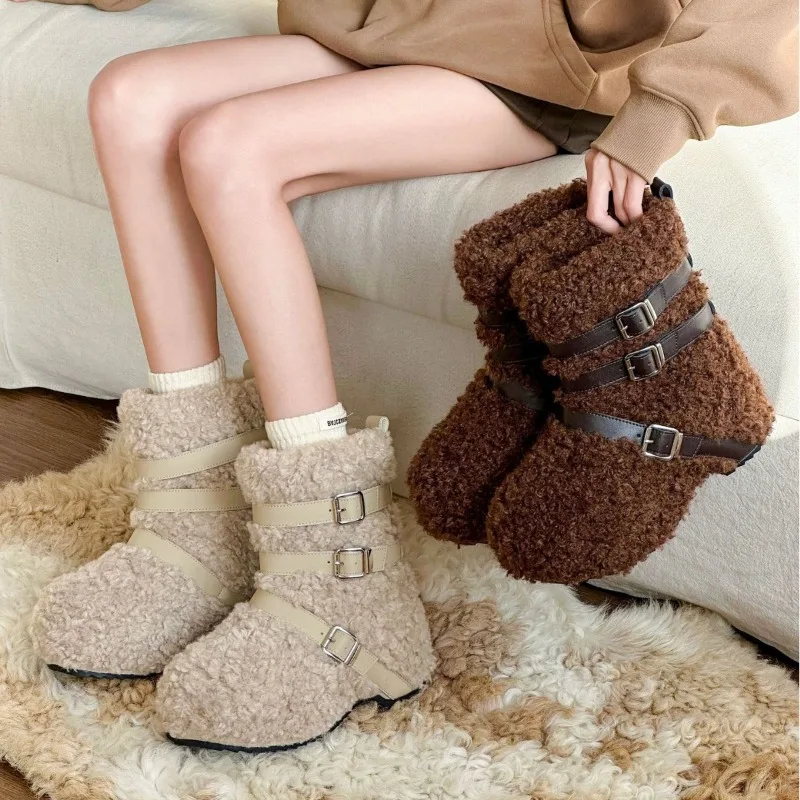 

Женские зимние сапоги на платформе с меховой подкладкой, имитацией шерсти, с шипами, увеличивающие рост, теплые, толстые, пушистые