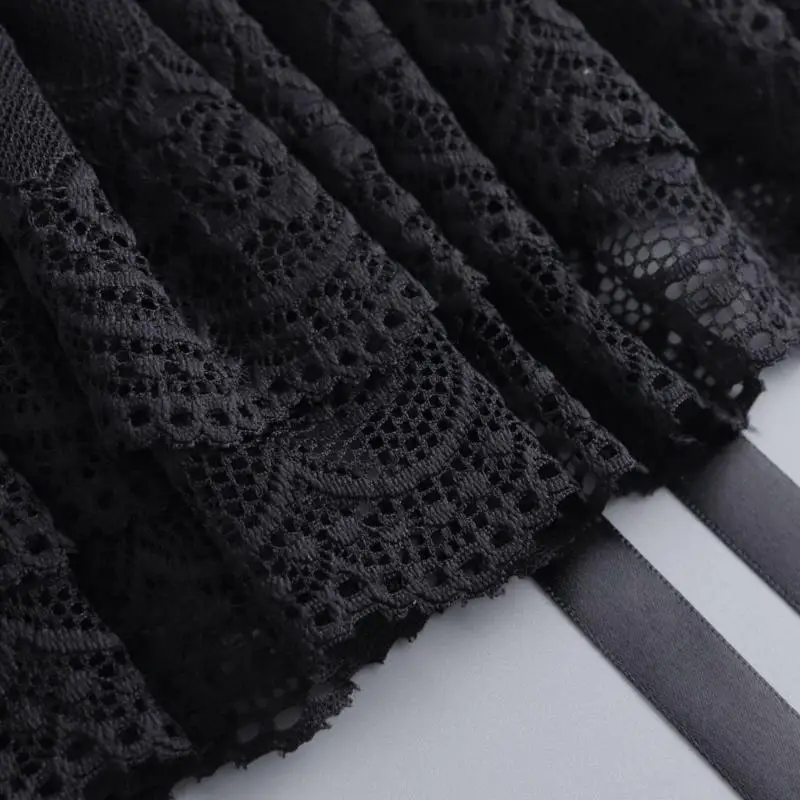 39BD Victorian Ruffled Lace Black False Collar with Ribbon Ties Vintage Elegant Pleated Neck Ruff Detachable Shawl Capelet