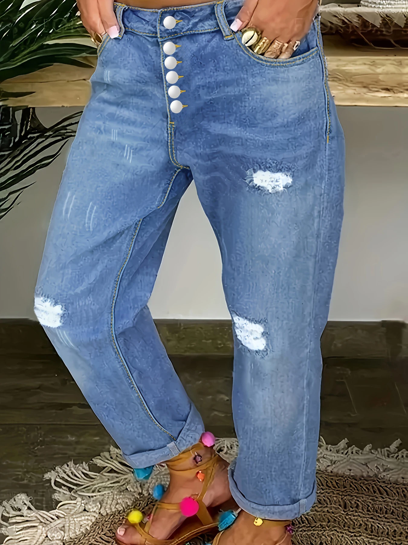 Jeans femininos plus size elásticos de cintura alta com vários botões, jeans desgastados, estilo rua