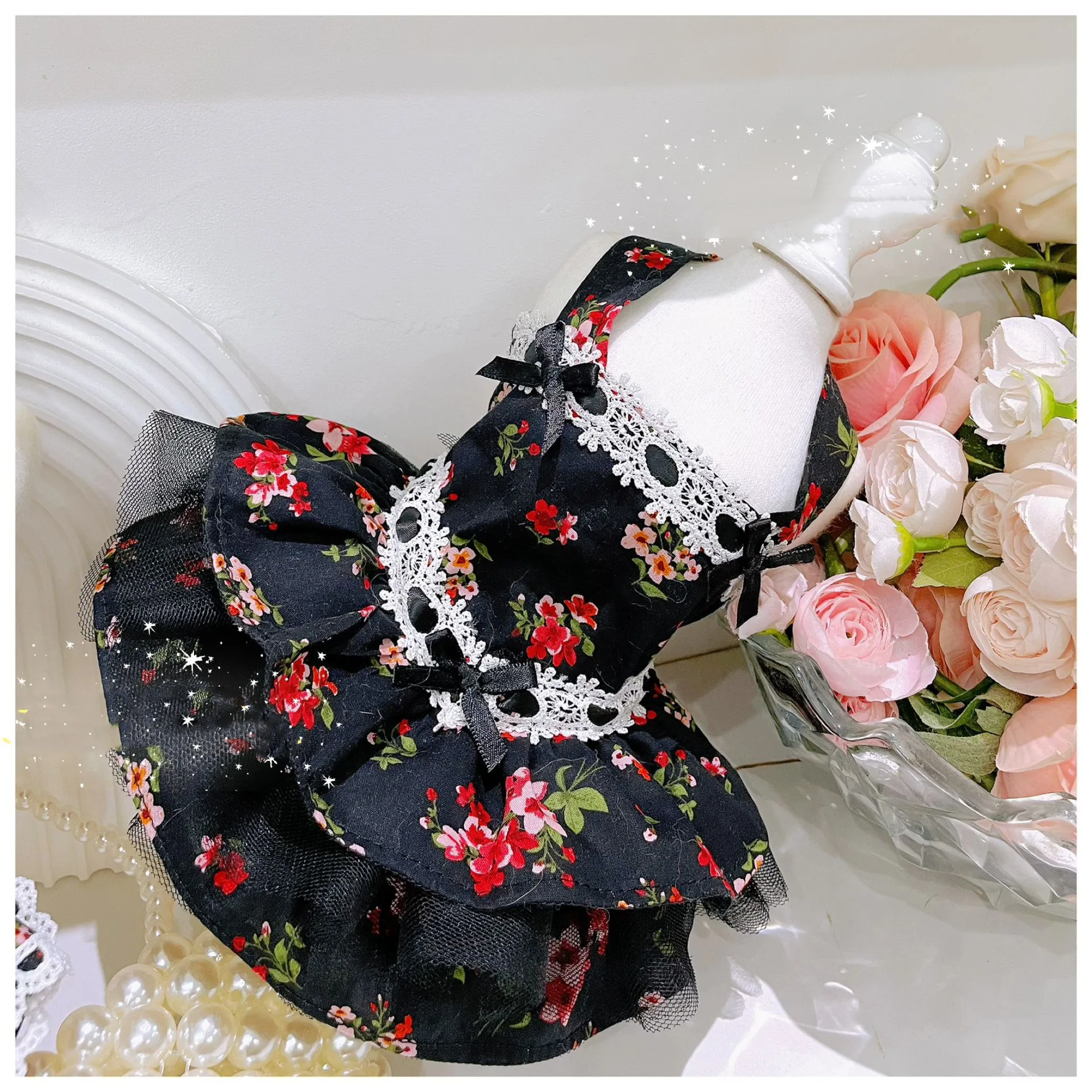 Vestido floral negro de estilo retro para hermana de mascotas/vestido para madre Chihuahua Teddy Yorkshire ropa para cachorros