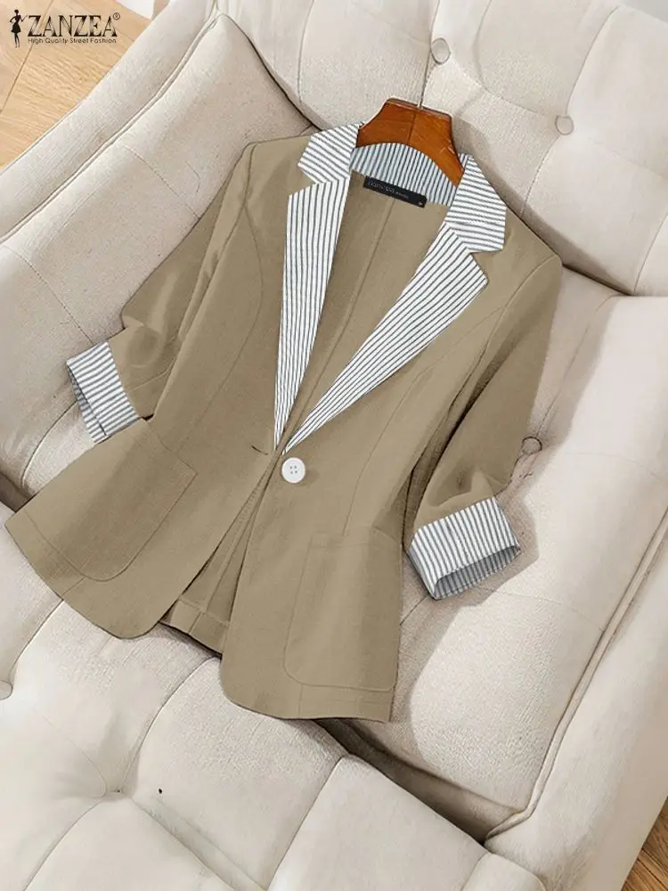 

ZANZEA элегантный полосатый контрастный женский пиджак, осень 2022, с воротником с лацканами, рукав три четверти, костюм на пуговицах, куртки для офиса и поездок на работу