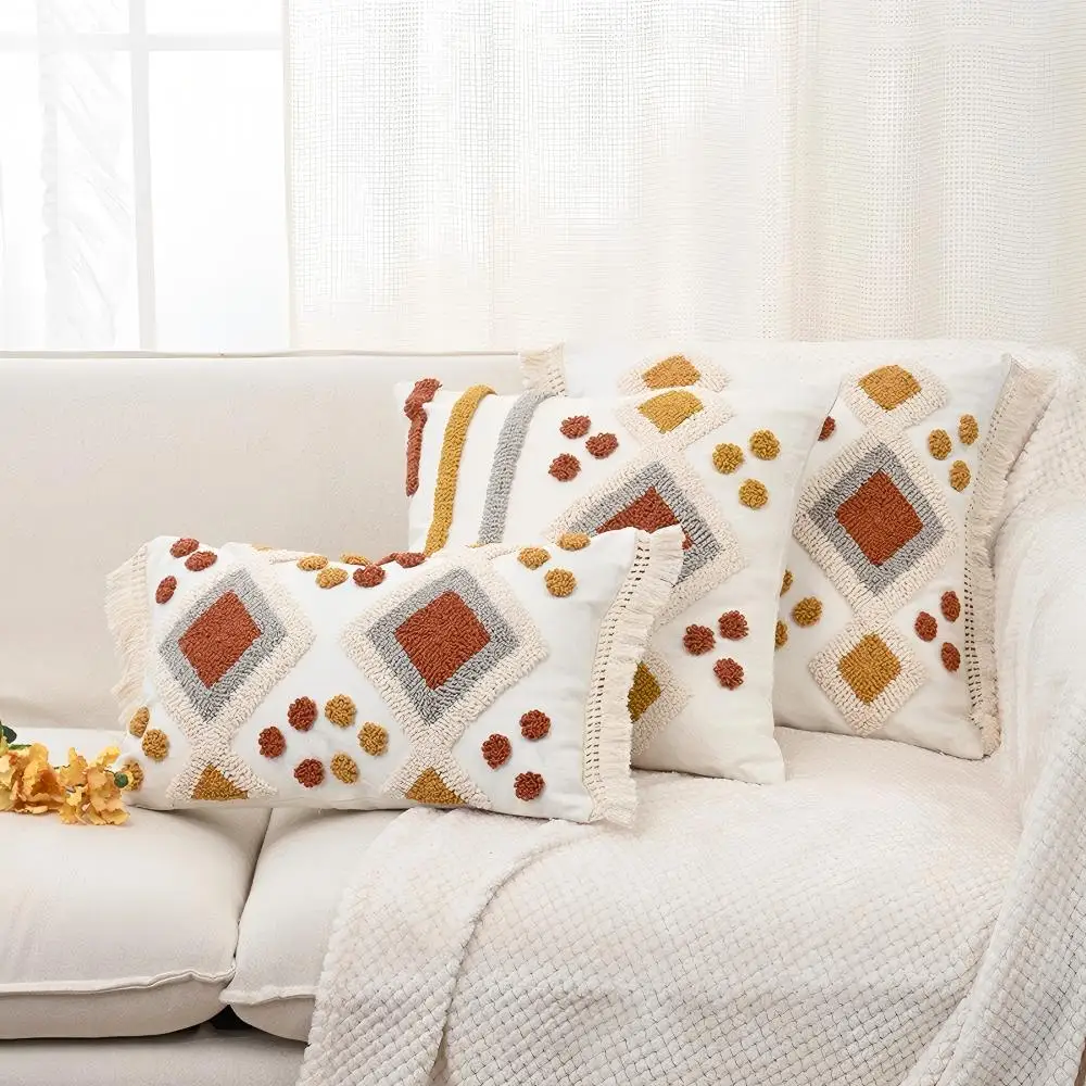 BUYNOW, 1 unidad, funda de almohada de encaje de terciopelo con lazo de diamante bohemio, funda de cojín para sofá Vintage para sala de estar, decoración de cama para el hogar, cojines para sala