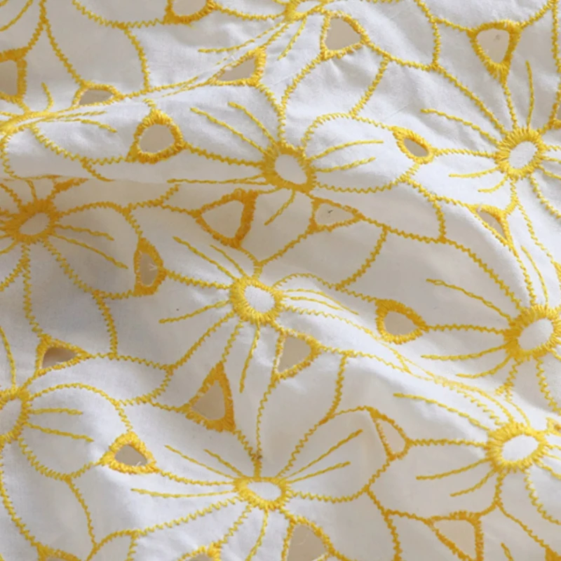 100% Cotton Embroidered Eyelet Lace Fabric Yellow Hollow Out Floral Soft Summer Lightweight Breathable Dress Custom DIY Sewing view 6